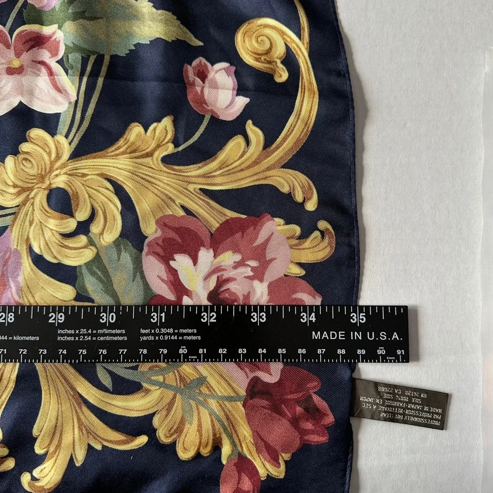 Echo Silk Scarf Large Square Navy Gold Floral Baroque Made in Japan 35in